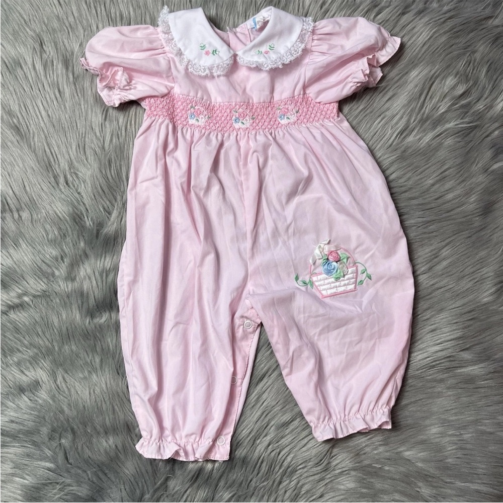 Vintage Baby Girls Pink Smocked Floral Ruffle Jumpsuit Romper